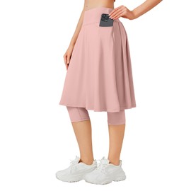 ANIVIVO 24" Long Knee Length Skirted Leggings for Women,Modest Athletic Skirt with Leggings Pleated Workout Skirt Zipper Pockets(Pink,L)