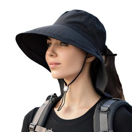 Packable Large Brim Floppy Sun Hat with Neck Protector UPF 50+ Beach Sun Bucket Hat (A-Black)