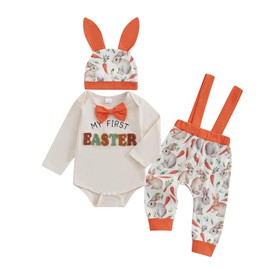 My First Easter Baby Boy Outfit Letter Embroidered Bowtie Long Sleeve Rompers Rabbit Print Suspender Pants Bunny Ears Hat 3Pcs Coming Home Set (Orange, 12-18 Months)