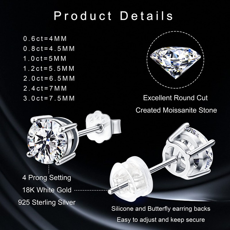 Moissanite Stud Earrings 18K White Gold Plated Brilliant Round Cut