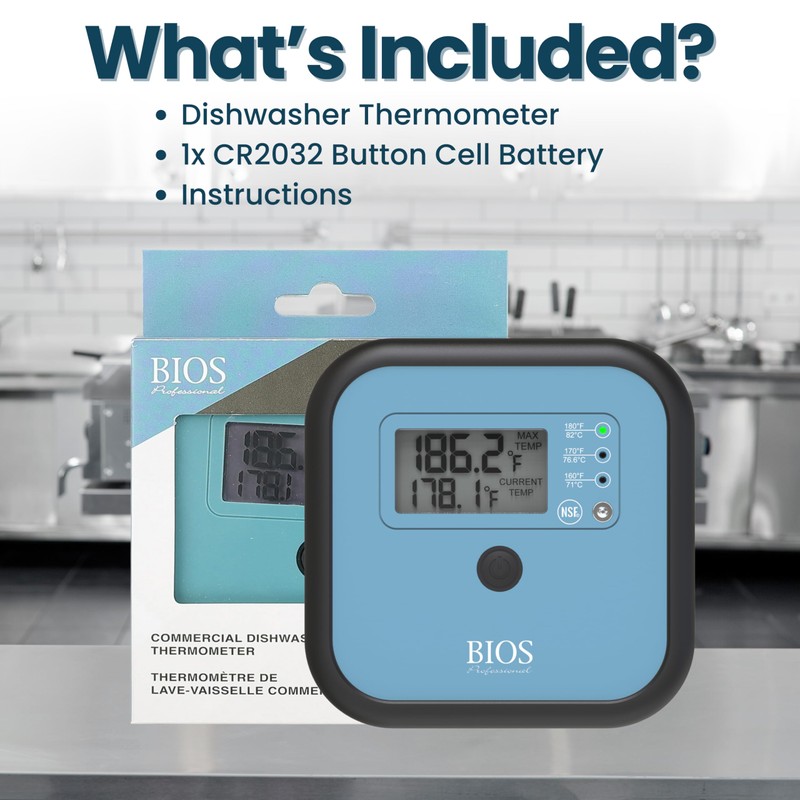 BIOS Professional Commercial Dishwasher Thermometer, Large Digital Display: Current &