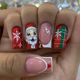Christmas Press on Nails Nude Pink Medium Square Fake Nails Acrylic False Nails with Santa Claus and Tri Color Grid Pattern Designs Full Cover Glossy Nails Snowflake Xmas Gel Stick On Nails Set 24Pcs