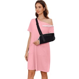 Deyeek Women's Post Shoulder Surgery dress Tear Away Short Sleeve Full Open Side Snap Adaptive Clothing with Pockets Deep Pink