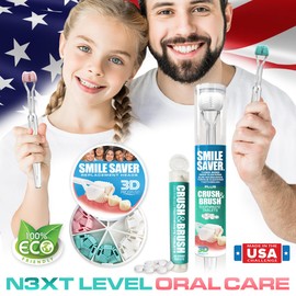 SMILE SAVER 360° Deep Clean 3-Sided Toothbrush + Toothpaste Tablets + 7-Pack Replacement Heads | 3D Triple Clean Hydroxyapatite Built-in Tongue Scraper | Child Kids Adults Braces Travel | Made in USA