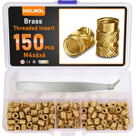 HOLMOL Threaded Insert Set of 150 Brass Melting Thread M4 x 6 x 6 mm for Plastic, Knurled Insert Nuts for 3D Printing Accessories and DIY Projects, Thread Inserts with Tweezers