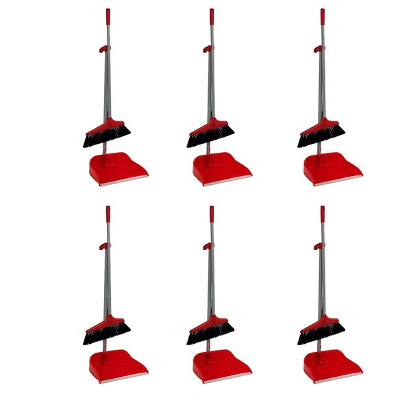6 PACK - Standing Upright Long Handle Brush Broom Set - Home Industry Office Lobby Floor Sweeping Janitorial Cleaning Industrial Commercial Kitchen (Broom, 6 pack)