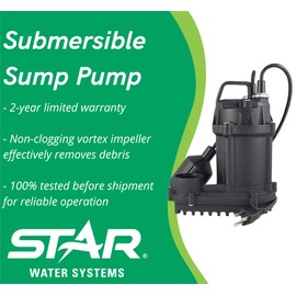 Star 3SDHL Cast Iron 1/3 HP Submersible Sump Pump with Tethered Float Switch, Passes 3/8" Solids, 54 GPM