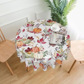 Fall Round Tablecloth 60 Inch, Pumpkin Maple Leaf Flower Decorative Tablecloths Stain Resistance Polyester Autumn Thanksgiving Table Cloth for Holiday Parties Kitchen Dining Indoor Outdoor