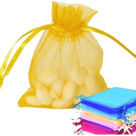 Risai 50 Pieces Large Organza Bags, Mesh Wedding Party Favour Jewellery Packing Gift Bag Drawstring Pouches, Gold 12x17cm