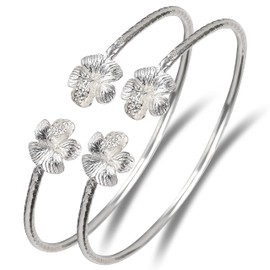 Better Jewelry Flower Hibiscus Ends .925 Sterling Silver West Indian Bangles, 1 pair