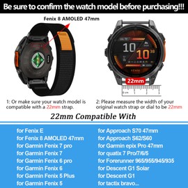 22mm Nylon Sport Band Compatible with Garmin Fenix 8 AMOLED 47mm/Fenix E/7 Pro/7/6 Pro/6/5 Plus/5,Quickfit Watch Straps for Descent G1 Solar/Quatix 7 Pro 6/Approach S70 47mm/Forerunner 965/955/945/935