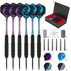 flintronic 6 Pack Steel Darts Set, Professional 24g Darts Tip with Non-Slip Stainless Steel Shaft, 4 Style Poly Flights, PVC Shafts, Dart Sharpener, Rubber Rings, Flight Protecter