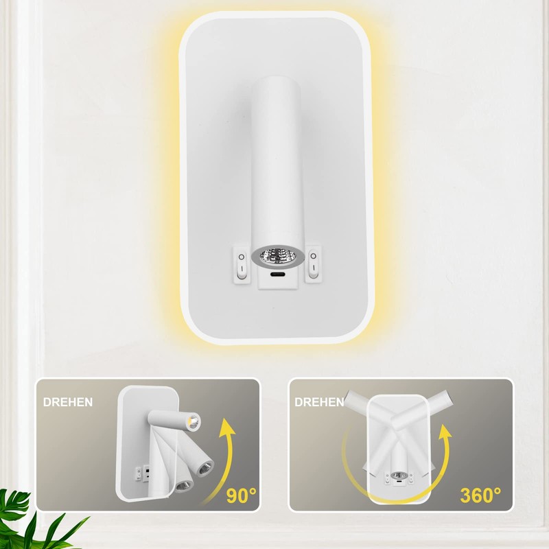 uksunvi LED Reading Lamp Wall Lamp USB Type-C Two Charging