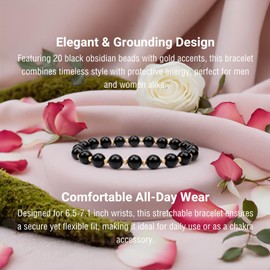 Handgemachtes Armband aus Schwarz Obsidian Perlen und Rosegold, elastische Größe 16,5-18 cm, für armband herren und damen, freundschaftsarmbänder, Geschenkbag