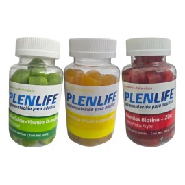 Kit C/3 Botes Gomitas Biotina, Ca, Multivit 50 Pzs. Plenlife Sabor Frutos + tropical + piña