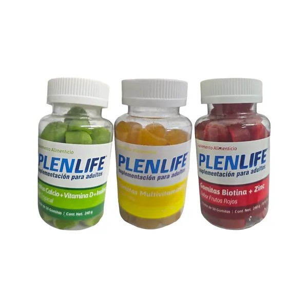Kit C/3 Botes Gomitas Biotina, Ca, Multivit 50 Pzs. Plenlife