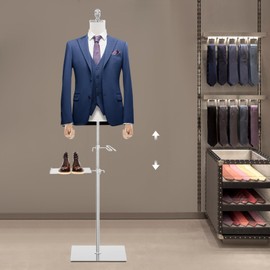 Male Mannequin Torso Body with Wooden Arms,Height Adjustable Manikin Full Body Man for Clothing Market Shop Window Display, Detachable Shoe Holder Pants Rack, Male Dress Form Mannequin Body