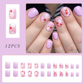 Heart Flower Press on Nails Short Square Fake Nails Full Cover Purple Flower Red Heart Design Spring False Nails Acrylic French Artificial on Nails Glue on Nails for Daily Wear Nails Decoration 24Pcs