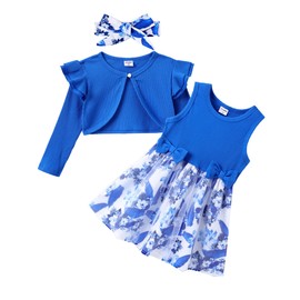 PATPAT Girls Dresses Set with Cardigan & Headband, Princess Dress & Long Sleeve Cardigan for School, Birthday, Party, Banquet, Holiday - for Teenage Girls, 2-10 Years, Size 80-140, blue