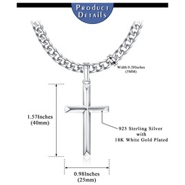 Roheafer 925 Sterling Silver Cross Necklace for Men With Stainless Steel Silver Cuban Chain Cross Pendant Necklace for women Religious Gifts Jewellery 18" 20" 22" 24" 26" 30"