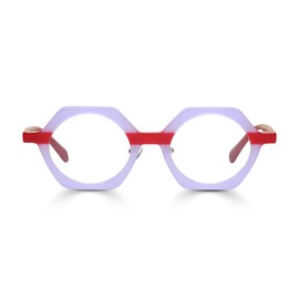eyebobs Paradox Premium Readers for Women and Men | Hexagonal Eye Glasses | Milky Lavender and Red Front with Milky Red Temples | 2.25