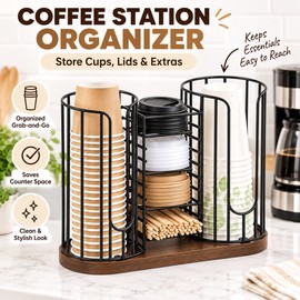 3 Compartment Coffee Cup Organizer with Lid and Straw Holder, Black Iron Countertop Disposable Cup Dispenser Rack for Home and Office