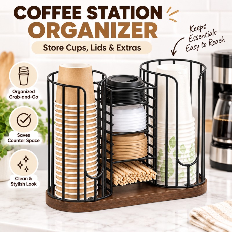 3 Compartment Coffee Cup Organizer with Lid and Straw Holder,