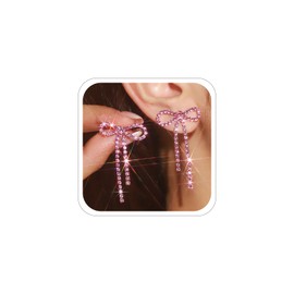 Pink Bow Earrings for Women Cute Sparkly Rhinestone Tassel Earring Christmas Stocking Stuffers Bow Dress Accessorie Costume Jewelry A