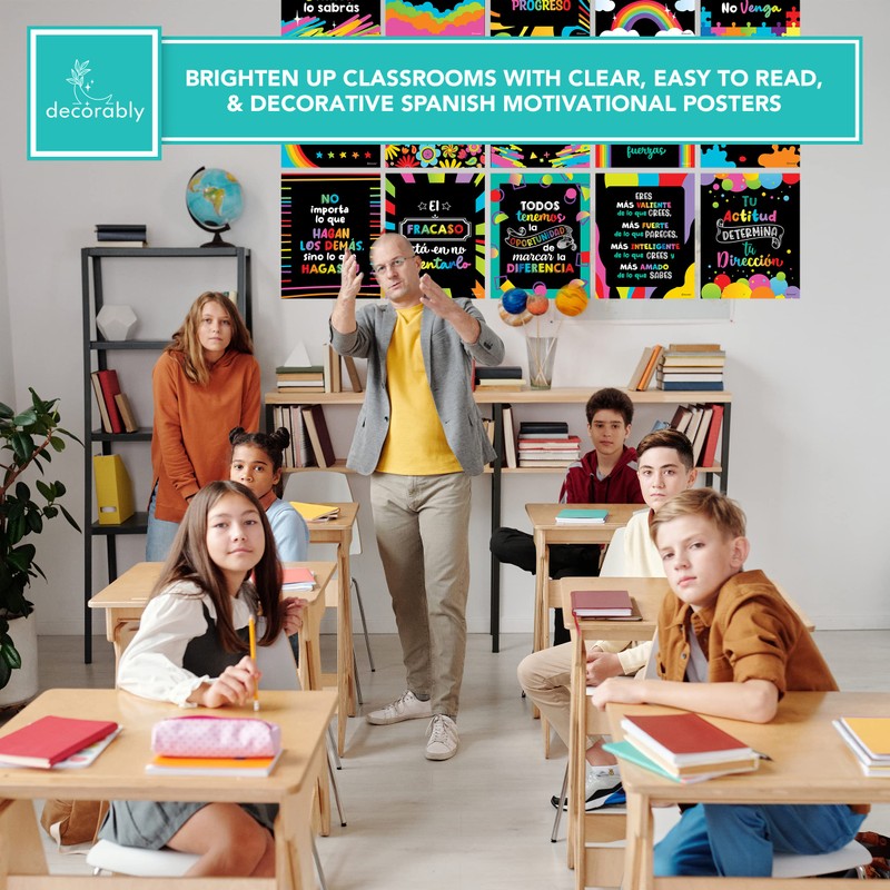 Decorably 15 Vibrant Chalkboard Themed Spanish Motivational Posters for Classroom,