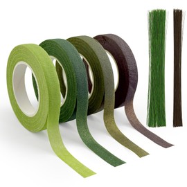 CTYUEYUN 4 Rolls Florist Tape, Floral Tape with 150 Pieces Florist Wire Green and Coffee Floristry Supplies, Bouquet Tape for Florist Bouquet Fixing and Packaging Decoration