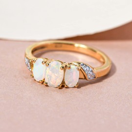 TJC Opal Three Stone Ring for Women in 14ct Gold Plated 925 Sterling Silver Size O Forever Together Gemstone October Birthstone
