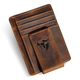 RFID Genuine Leather Magnet Money Clip Credit Card Case Holder Slim Wallet Front Pocket Wild Style (A Brown)