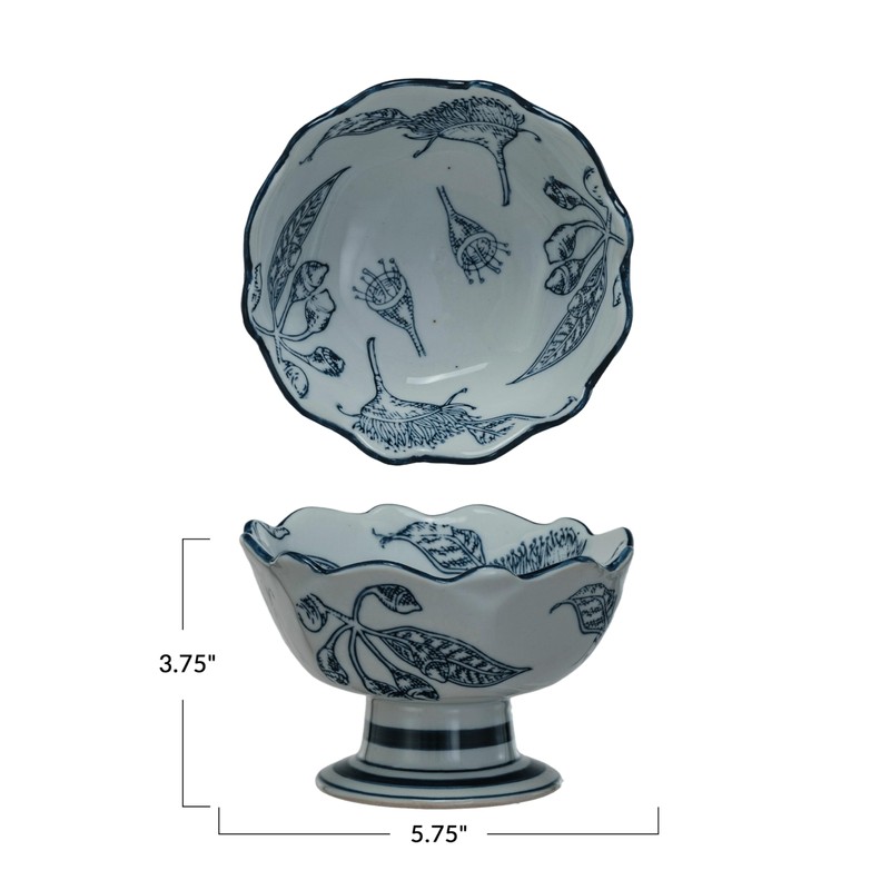 Creative Co-Op Botanical Bliss Stoneware Bowl, Blue and White