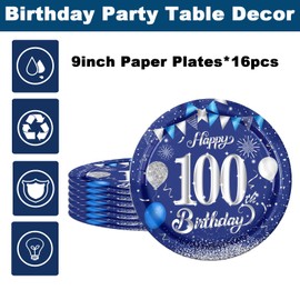 16pc Navy Blue 100th Birthday Plates - 9" Paper Plates for Party Decorations