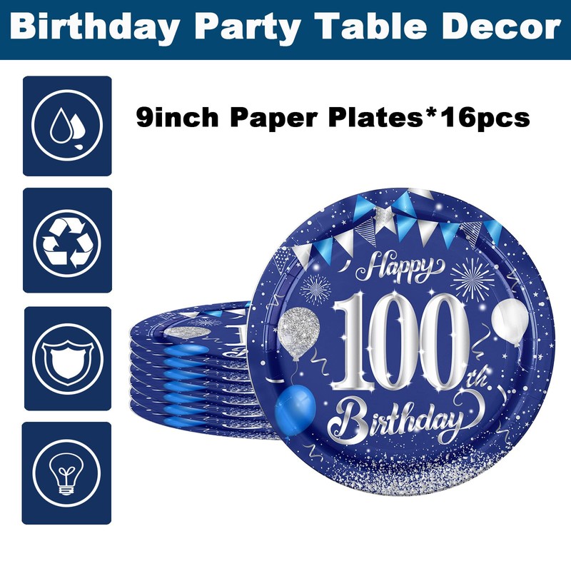 16pc Navy Blue 100th Birthday Plates - 9" Paper Plates