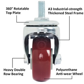 Finnhomy Swivel Caster Wheels 3 Inch Threaded Stem Casters Set of 4 Heavy Duty 1/2"-13 x 1 with Brake Polyurethane Industrial Locking Castors Wheels for Cart/Furniture 2200 Lbs Smooth Casters, Red