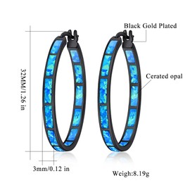 CiNily Black Gold Plated Hoop Earrings, Womens Big Blue Opal Earrings Ladies Large Gemstone Hoop Earrings