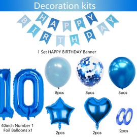 10th Birthday Decorations for Boys Blue Age 10 Birthday Balloons with Happy Birthday Banner for Blue Party Decoration Tenth Birthday Party Supplies for Boy (10th-birthday)