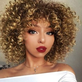 Siudus Blonde Afro Short Wigs for Women Kinky Curly 70s 80s Wig Synthetic Fiber Hair Wig for Cosplay Rocker Use