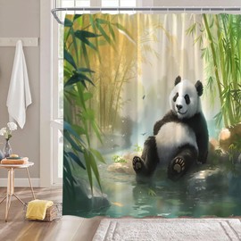 DSMEUE Bamboo Panda Shower Curtain Cute Animal Forest Plant Green Fabric Curtain with Hooks for Bathroom Decor,70x70 Inch