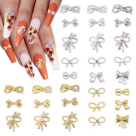 SILPECWEE 30pcs Bow Nail Charms Gold Silver 3d Butterfly Nail Rhinestones Gem Crystals Bowknot Nail Charm Hollow Nail Studs Jewels Nail Decoration for Craft Nail Art Supplies