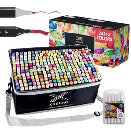 Xushro 262+2 Piece Dual Tip Alcohol Markers Set with 12 Free Acrylic Paint Markers - No Bleed, Vibrant Colors for Drawing - Fine & Chisel Tips with Organizing Case - Blending Markers for Adults & Kids