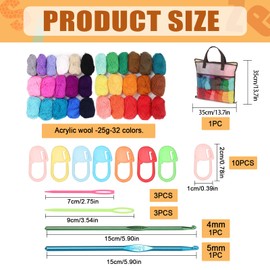 Tanstic 51Pcs Crochet Yarn Kit, Including 32 Colors Assorted Acrylic Yarn Skeins, 10Pcs Stitch Markers, 2Pcs Crochet Hooks, 6Pcs Weaving Needles and a Storage bag for Crocheting & Knitting