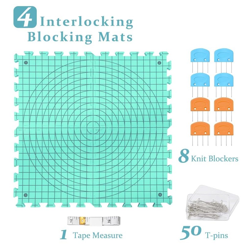 Knitiss 4 PCS Crochet Blocking Mats and Pins Set, 32x32cm