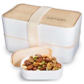 Saffron & Sage Bento Lunch Box - 42oz White Japanese style Bento Box for Adults or Kids with Cutlery, Chopsticks, Sauce Container and Bento Bag - Leak proof, Dishwasher, Freezer, Microwave safe