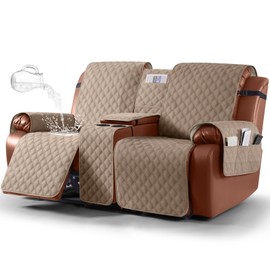 Ruaozz Waterproof Loveseat Recliner Cover with Console Non-Slip Reclining Couch Covers Split Sofa Slipcovers with Elastic Straps Furniture Protector for Kids, Dogs, Pets (Light Brown, 2 Seater)