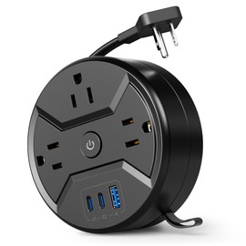 SUPERDANNY Travel Power Strip with 5ft Retractable Extension Cord Portable 3-AC & 3-USB 20W Fast Charging Station for Home Office, Business Travel, Trip, Cruise, No Surge Protector, Black