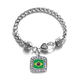 Inspired Silver - Brazilian Flag Silver Braided Bracelets for Women - Square Charm Bracelet Jewelry Gift with Cubic Zirconia - Women's Charm Bracelet with Lobster Claw Clasp