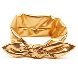 AISIBO Children Metallic Messy Big Bow baby Girls Elasticity Headband Kids Infant Cloth Turban Knot Hairband Wrap Gold Headwrap, Small