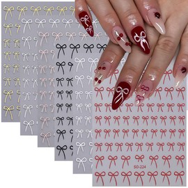 Valentine's Day Nail Art Stickers Decals 3D Bow Nail Stickers 6PCS 3D Metal Silvery Black White Red Self-Adhesive French Bow-Knot Nail Decals Cute Manicure Supplies for Women DIY Nail Art Decorations